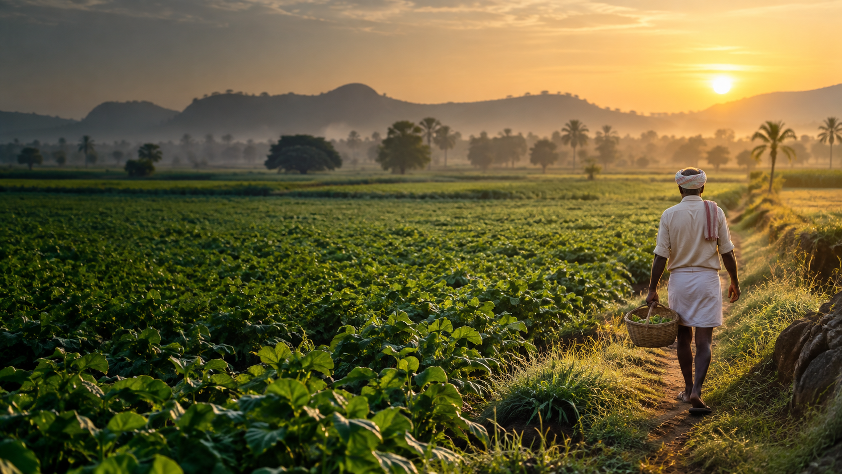 Indian farmer walking through a sunlit crop field